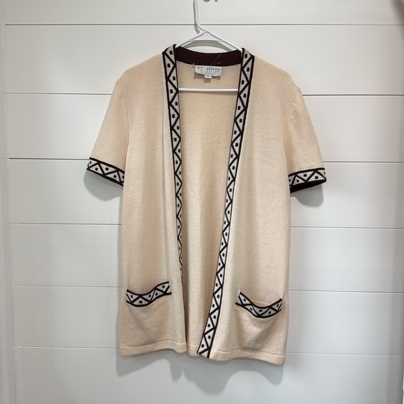 Vintage St. John Cream Black Open Cardigan Sweater Shirt Geometric Pockets Small - Picture 1 of 7